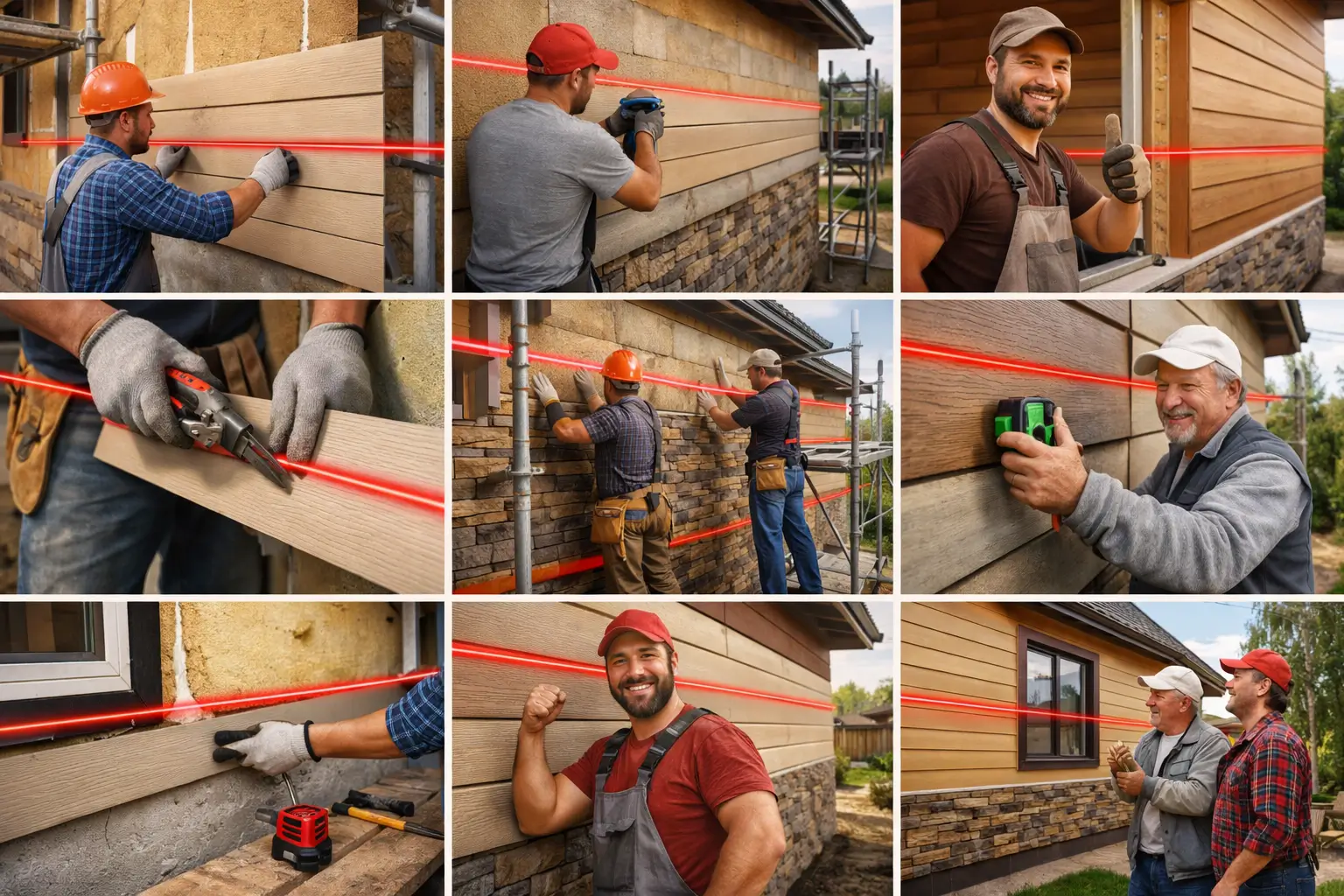 монтаж ряда фасадных панелей на стене частного дома