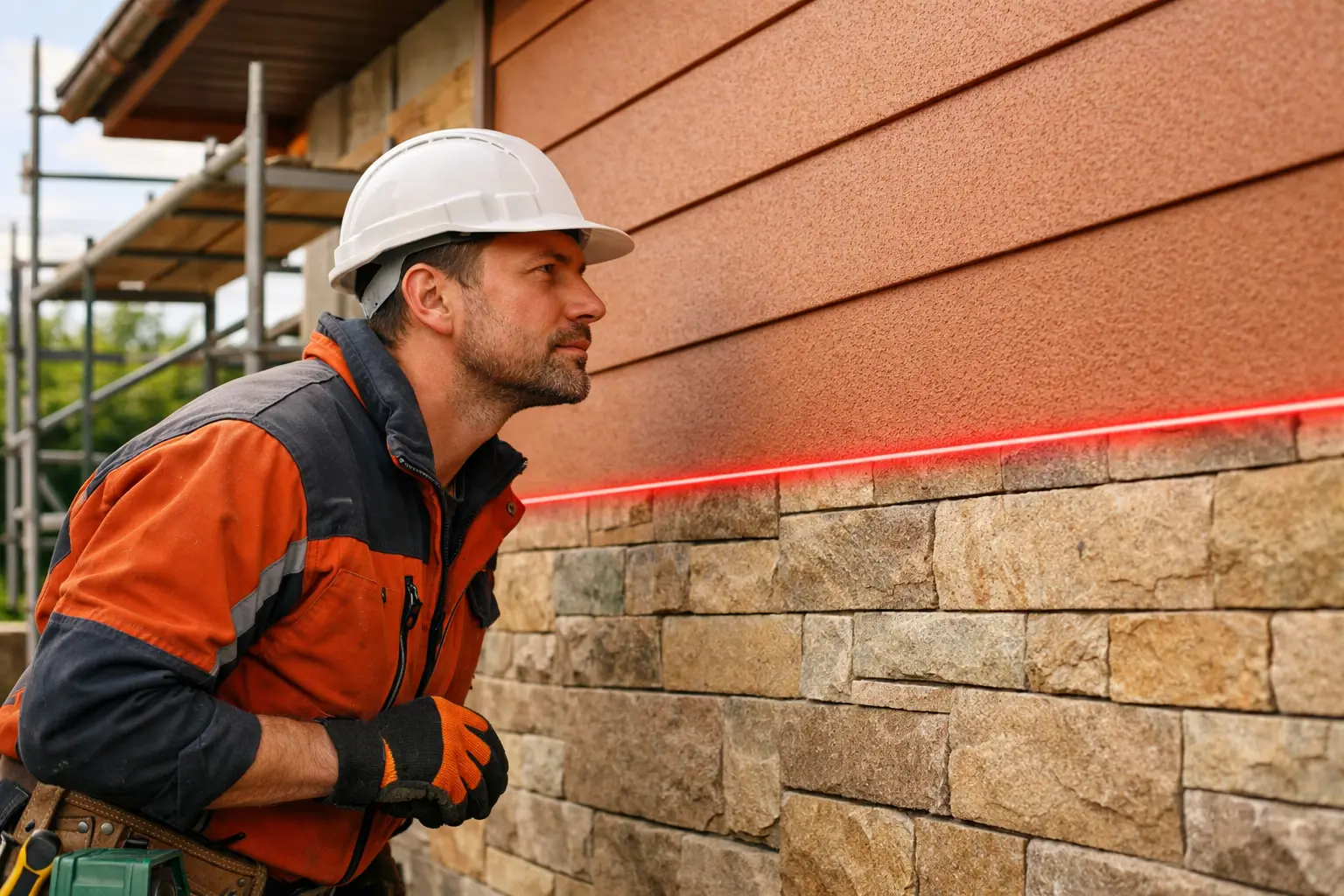 мастер контролирует монтаж фасадных панелей на доме