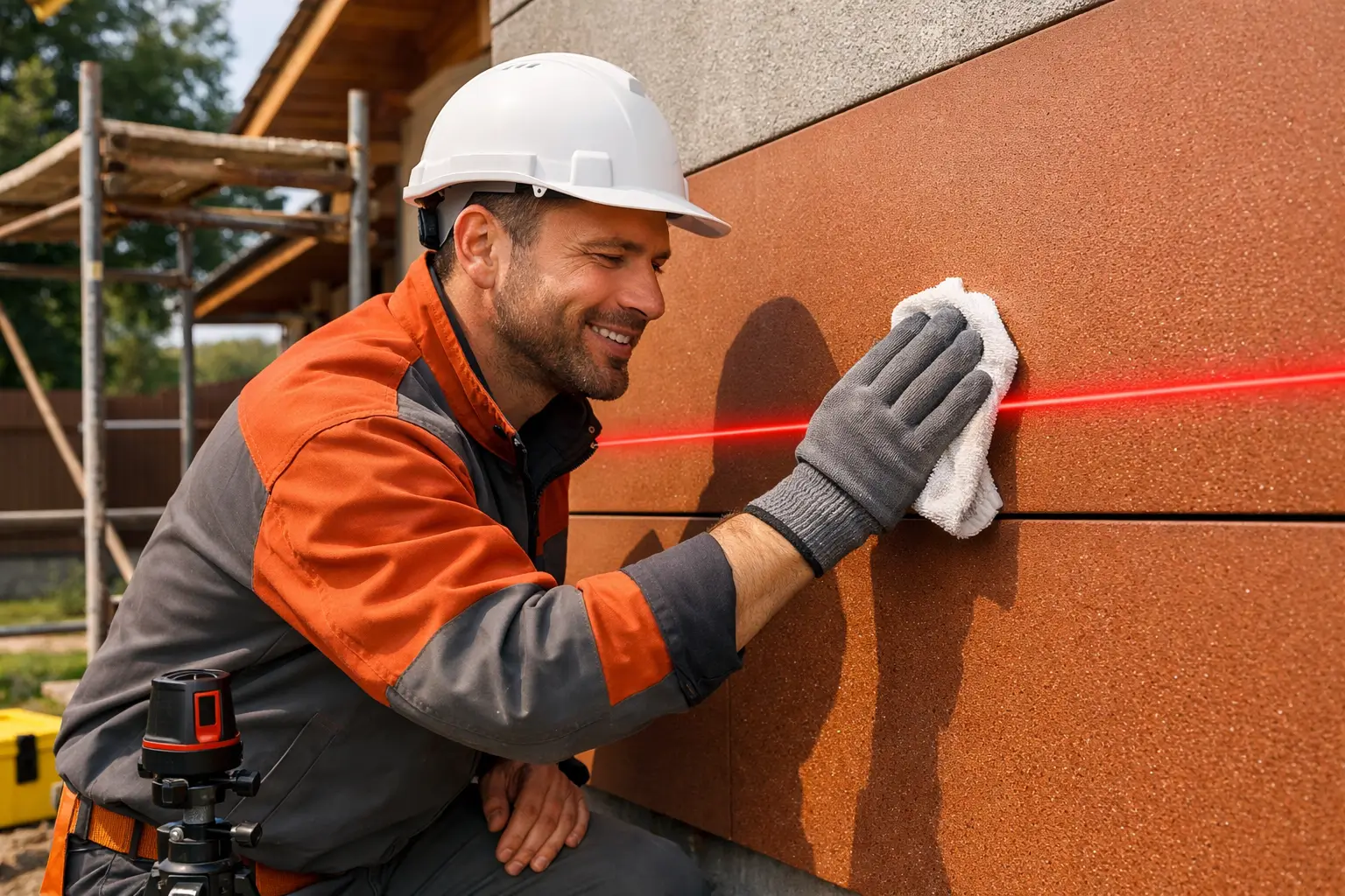 мастер очищает новую фасадную панель на стене дома