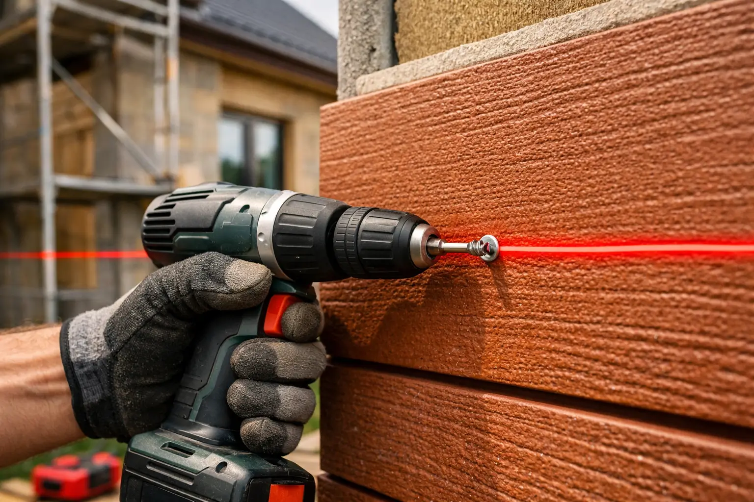 рука мастера закрепляет фасадную панель на стене дома